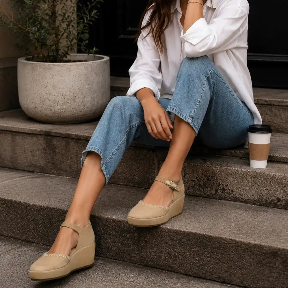 Womens Gwyneth Wedge Taupe Deco Stitch Microsuede